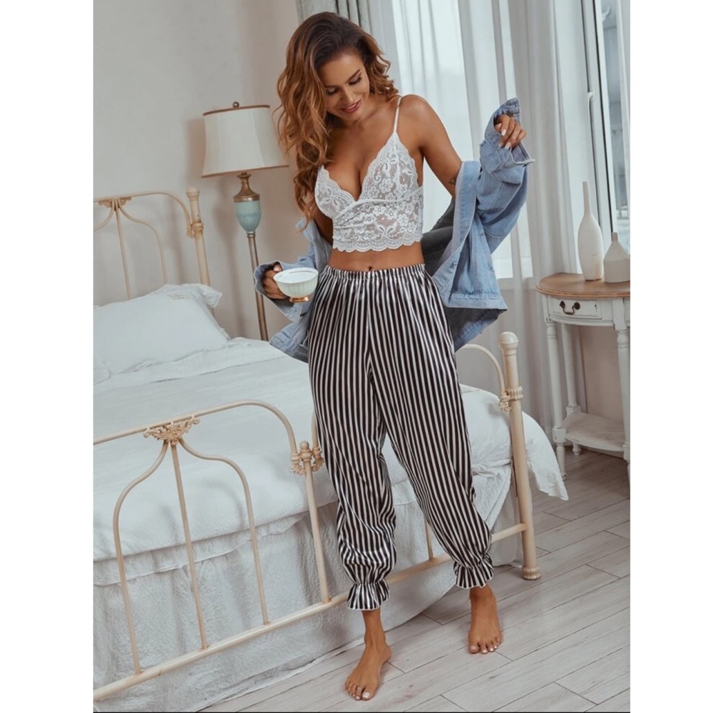 Lace Top and Striped Satin Pant Set